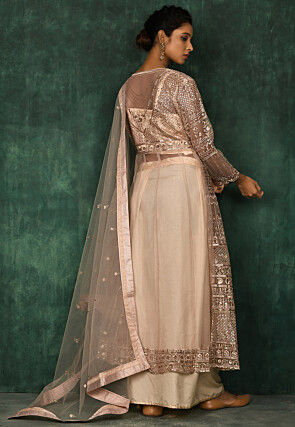 Embroidered Satin Crop Top Set in Beige