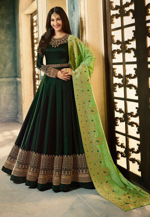 Embroidered Satin Georgette Abaya Style Suit in Dark Green