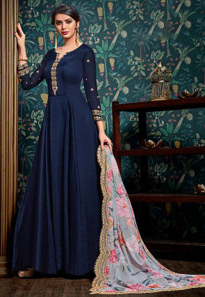 Embroidered Satin Georgette Abaya Style Suit in Navy Blue
