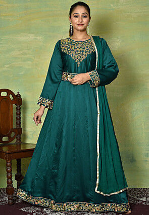 Embroidered Satin Georgette Abaya Style Suit in Teal Green
