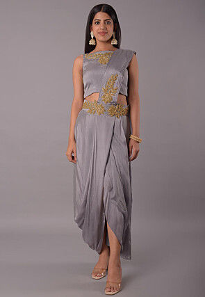 Embroidered Satin Georgette Co Ord Set in Grey