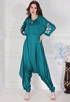 Embroidered Satin Georgette Cowl Jumpsuit in Teal Blue