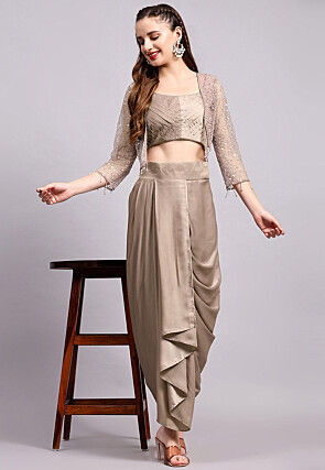 Embroidered Satin Georgette Crop Top set in Light Brown