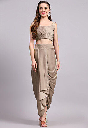 Embroidered Satin Georgette Crop Top set in Light Brown