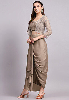 Embroidered Satin Georgette Crop Top set in Light Brown