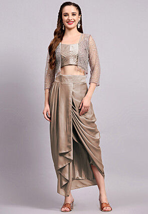 Embroidered Satin Georgette Crop Top set in Light Brown