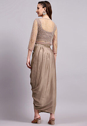 Embroidered Satin Georgette Crop Top set in Light Brown