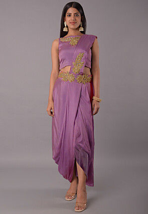 Embroidered Satin Georgette Crop Top Set in Purple