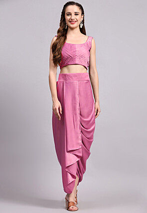 Embroidered Satin Georgette Crop Top set in Purple