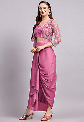 Embroidered Satin Georgette Crop Top set in Purple