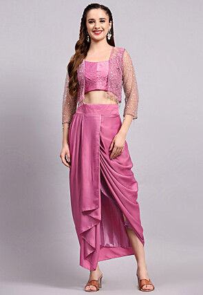 Embroidered Satin Georgette Crop Top set in Purple