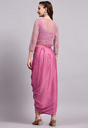 Embroidered Satin Georgette Crop Top set in Purple