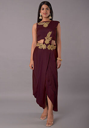 Embroidered Satin Georgette Crop Top Set in Wine