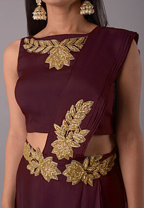 Embroidered Satin Georgette Crop Top Set in Wine