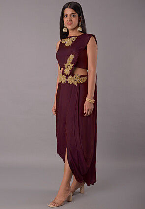 Embroidered Satin Georgette Crop Top Set in Wine