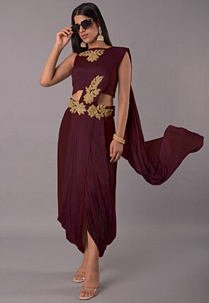 Embroidered Satin Georgette Crop Top Set in Wine