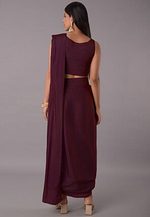 Embroidered Satin Georgette Crop Top Set in Wine