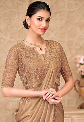 Embroidered Border Satin Georgette Crushed Saree in Beige
