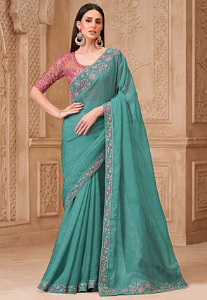 Embroidered Border Satin Georgette Crushed Saree in Light Teal Green