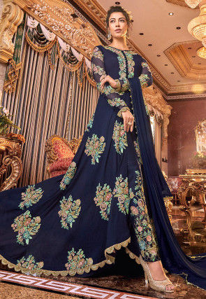 Embroidered Satin Georgette Front Slit Abaya Style Suit in Blue
