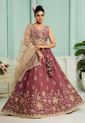 Embroidered Satin Georgette Lehenga in Old Rose