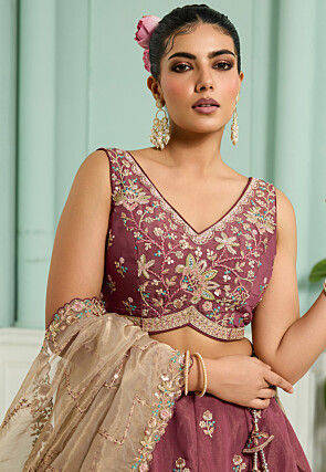Embroidered Satin Georgette Lehenga in Old Rose