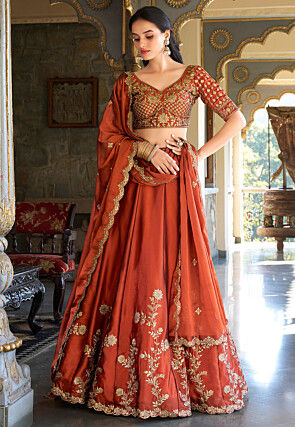 Embroidered Satin Georgette Lehenga in Rust