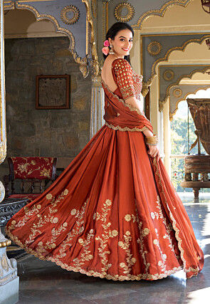 Embroidered Satin Georgette Lehenga in Rust