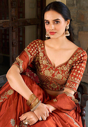 Embroidered Satin Georgette Lehenga in Rust