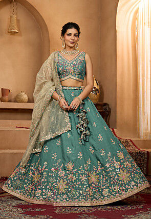 Embroidered Satin Georgette Lehenga in Teal Blue