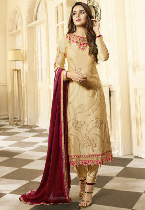 Embroidered Satin Georgette Pakistani Suit in Beige