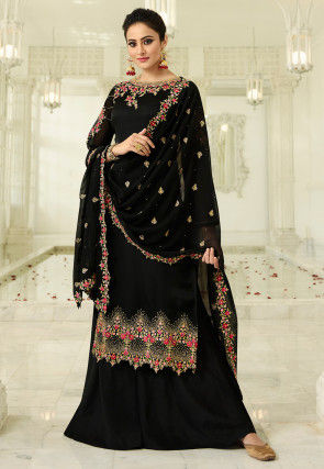 Embroidered Satin Georgette Pakistani Suit in Black