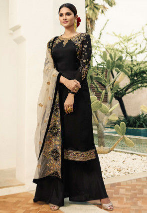 Embroidered Satin Georgette Pakistani Suit in Black