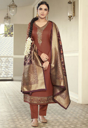Embroidered Satin Georgette Pakistani Suit in Brown