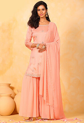 Embroidered Satin Georgette Pakistani Suit in Light Peach