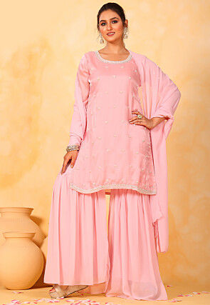 Embroidered Satin Georgette Pakistani Suit in Light Pink