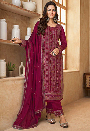 Embroidered Satin Georgette Pakistani Suit in Magenta