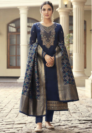 Embroidered Satin Georgette Pakistani Suit in Navy Blue