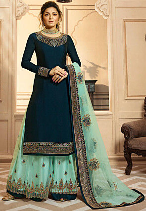 Embroidered Satin Georgette Pakistani Suit in Teal Blue