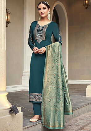 Embroidered Satin Georgette Pakistani Suit in Navy Blue : KCH8140