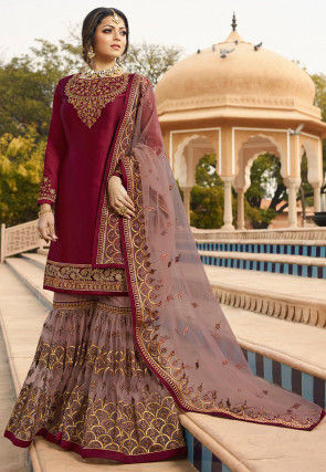 Embroidered Satin Georgette Pakistani Suit in Maroon