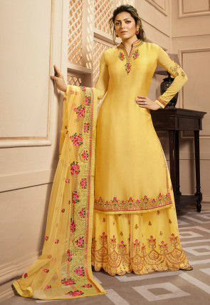 Embroidered Satin Georgette Pakistani Suit in Yellow