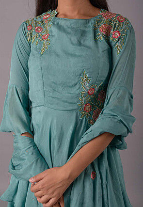 Embroidered Satin Georgette Punjabi Suit in Sky Blue