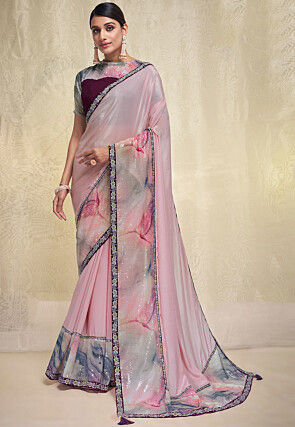 Embroidered Satin Georgette Saree in Baby Pink