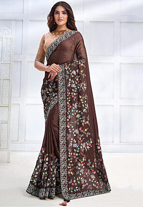 Embroidered Satin Georgette Saree in Brown