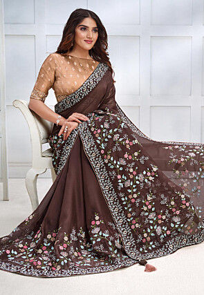 Embroidered Satin Georgette Saree in Brown