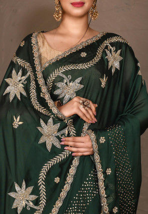 Embroidered Satin Georgette Saree in Dark Green