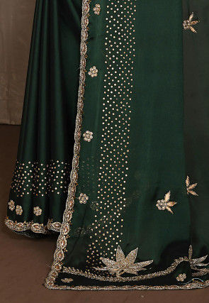 Embroidered Satin Georgette Saree in Dark Green