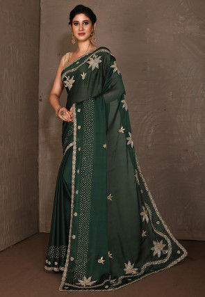 Embroidered Satin Georgette Saree in Dark Green