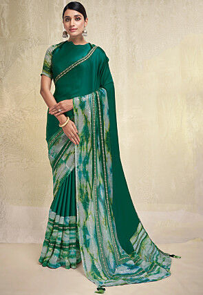 Embroidered Satin Georgette Saree in Green